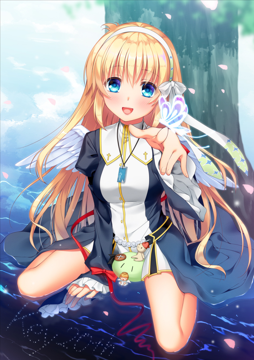 1girl :d air_(visual_novel) angel_wings between_legs black_dress blonde_hair blue_butterfly blue_eyes blurry blush bow bug butterfly butterfly_on_hand buttons commentary_request company_connection cross_print dango_daikazoku day depth_of_field doll dress eyelashes falling_petals fingernails floating_hair frilled_sleeves frills full_body hair_between_eyes hair_bow hairband hand_between_legs harmonia_(key) highres imachireki juliet_sleeves kanon key_(company) little_busters! long_hair long_ribbon long_sleeves nun open_mouth outdoors paid_reward_available petals pointing pointing_at_viewer puffy_sleeves puppet red_bow red_ribbon reflection reflective_water rewrite ribbon shiona_(harmonia) sitting sleeves_past_wrists smile solo straight-on summer_pockets tree very_long_hair wariza water white_bow white_hairband white_wings wide_sleeves wings