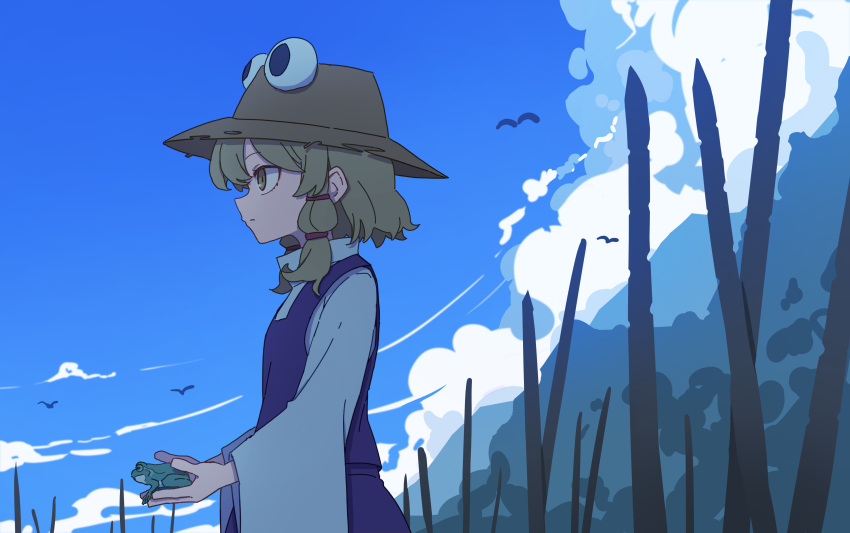 1girl absurdres animal blonde_hair brown_headwear closed_mouth commentary day frog from_side hair_ribbon hat highres holding holding_animal kame_(kamepan44231) long_sleeves moriya_suwako outdoors profile purple_skirt purple_vest red_ribbon ribbon shirt skirt solo touhou traditional_media tress_ribbon upper_body vest white_shirt wide_sleeves yellow_eyes