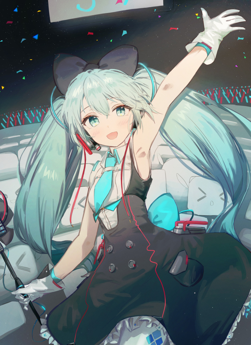 1girl :d absurdres argyle_pantyhose arm_up armpits bare_shoulders black_bow black_skirt blue_eyes blue_hair blue_necktie blush bow buttons collared_shirt commentary confetti cowboy_shot double-breasted gloves glowstick hair_between_eyes hair_bow hatsune_miku high-waist_skirt highres holding holding_microphone_stand long_hair magical_mirai_(vocaloid) magical_mirai_miku magical_mirai_miku_(2016) microphone microphone_stand mihoranran necktie open_hand open_mouth pantyhose raised_eyebrows shirt shirt_tucked_in sidelocks skirt sleeveless sleeveless_shirt smile solo twintails very_long_hair vocaloid white_gloves white_pantyhose white_shirt