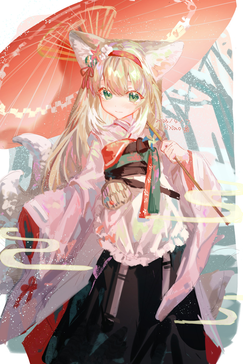 1girl absurdres animal_ear_fluff animal_ears apron arknights artist_name black_hakama blonde_hair chinese_commentary closed_mouth coin_purse commentary_request dated flower fox_ears fox_girl fox_tail frilled_apron frills green_eyes hair_between_eyes hair_flower hair_ornament hairband hakama hakama_skirt highres holding holding_umbrella japanese_clothes kimono kitsune kyuubi long_sleeves looking_at_viewer multiple_tails obi official_alternate_costume oil-paper_umbrella pink_kimono pinwheel red_hairband red_umbrella sash sixiao skirt solo suzuran_(arknights) suzuran_(yukibare)_(arknights) tail umbrella waist_apron white_apron wide_sleeves winter yagasuri