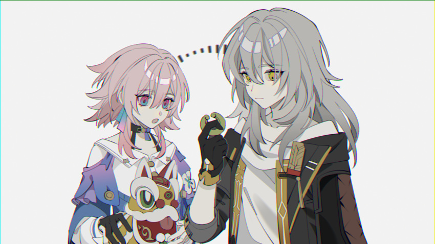 2girls :o black_choker black_gloves black_jacket blue_eyes blue_jacket chinese_commentary choker chromatic_aberration closed_mouth collarbone commentary_request earrings flower_ornament gloves gradient_eyes grey_hair hair_between_eyes hand_up highres holding honkai:_star_rail honkai_(series) jacket jewelry long_sleeves looking_at_object march_7th_(honkai:_star_rail) medium_hair multicolored_eyes multiple_girls open_mouth partially_fingerless_gloves pink_eyes pink_hair shirt single_earring single_glove sleeves_rolled_up stelle_(honkai:_star_rail) trailblazer_(honkai:_star_rail) upper_body white_background white_shirt yellow_eyes yuyouxingx