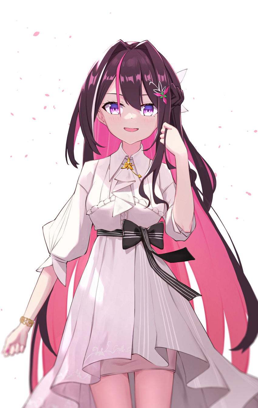 1girl absurdres azki_(hololive) black_hair collared_dress colored_inner_hair dress facing_viewer falling_petals hair_between_eyes hair_intakes highres hololive long_sleeves looking_at_viewer multicolored_hair oeyama open_mouth petals pink_hair smile solo standing violet_eyes virtual_youtuber white_background white_dress white_hair