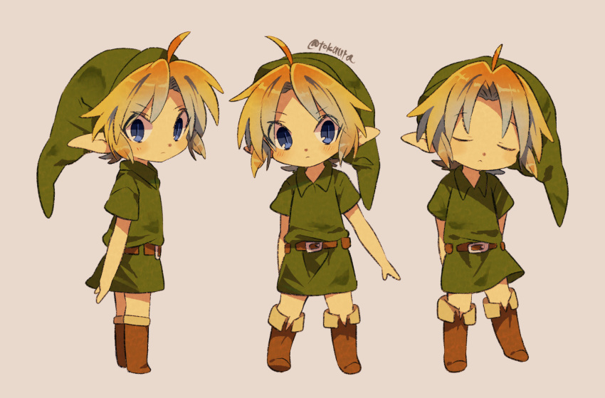 1boy ahoge artist_name brown_footwear closed_mouth full_body green_shirt hat link looking_at_viewer multiple_persona pointy_ears shirt short_hair short_sleeves simple_background the_legend_of_zelda the_legend_of_zelda:_ocarina_of_time tokuura tunic young_link