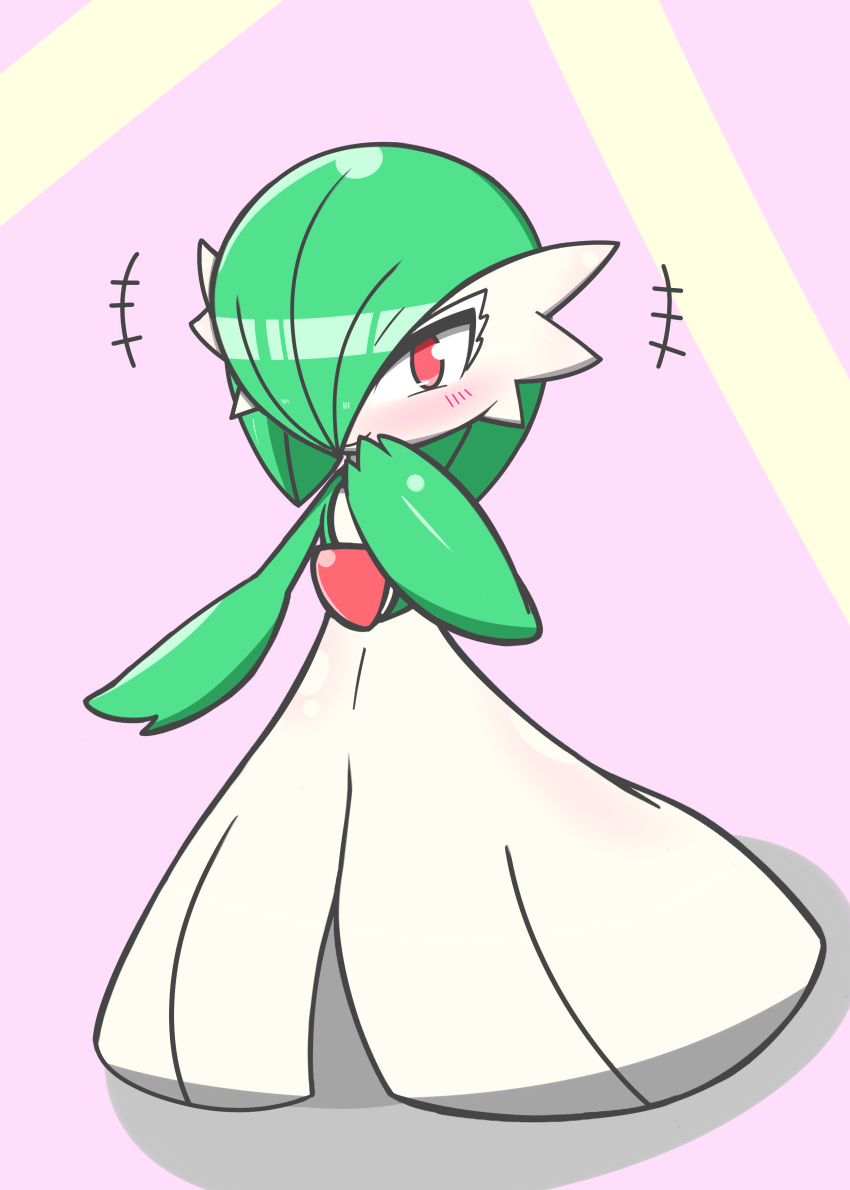 +++ 1girl absurdres blush bob_cut closed_mouth colored_eyelashes colored_skin commentary flat_chest full_body gardevoir green_hair green_skin hair_over_one_eye hand_to_own_mouth hand_up happy highres looking_at_viewer multicolored_skin one_eye_covered pink_background pokemon pokemon_(creature) red_eyes sasada_(ssd_ng) short_hair simple_background smile solo standing two-tone_skin white_skin