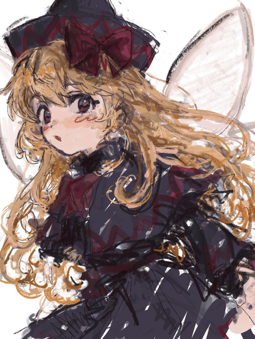 1girl b_nosk101 black_capelet black_dress black_headwear blonde_hair blush capelet dress fairy fairy_wings hair_between_eyes hat highres lily_black lily_white long_hair long_sleeves one-hour_drawing_challenge open_mouth red_eyes simple_background solo touhou white_background wide_sleeves wings