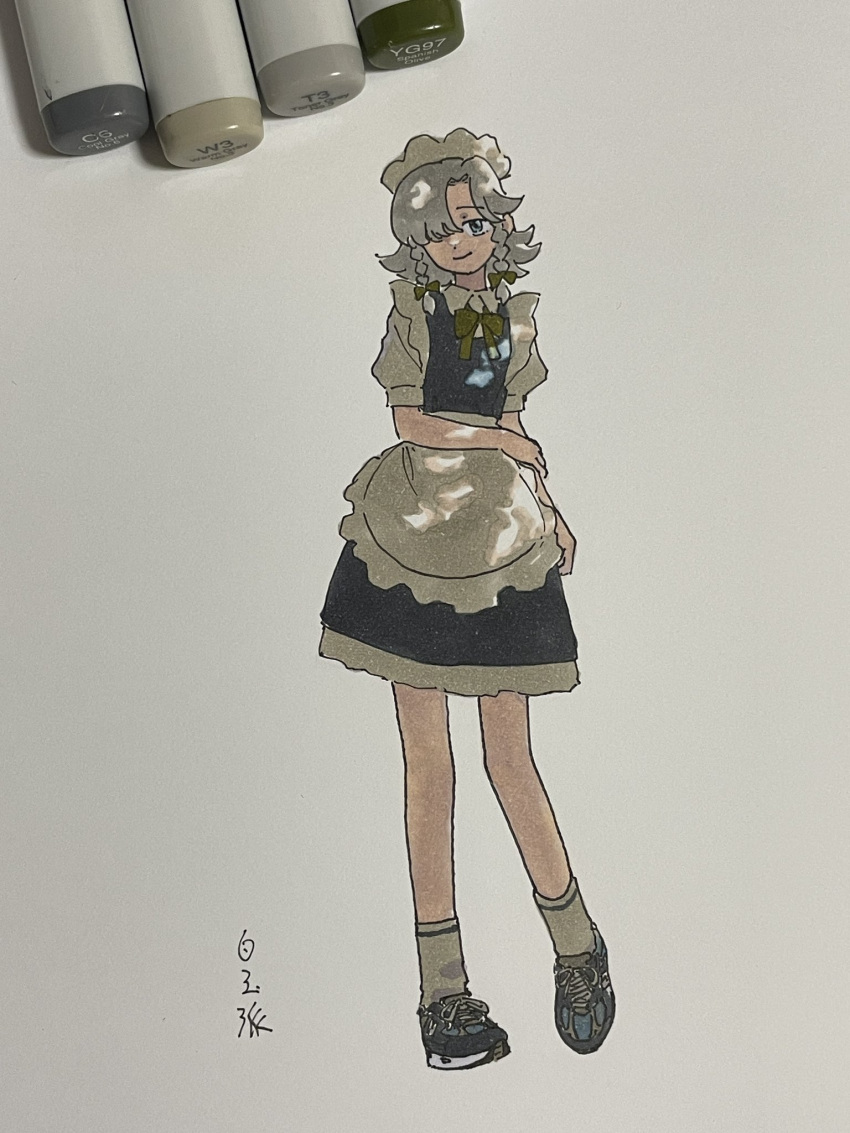 1girl alternate_footwear apron art_tools_in_frame black_footwear blue_dress blue_eyes bow bowtie braid collared_dress dress frilled_skirt frills full_body green_bow green_bowtie grey_hair hair_over_one_eye hand_on_own_arm head_tilt highres izayoi_sakuya looking_at_viewer maid_apron maid_headdress marker marker_(medium) medium_hair photo_(medium) puffy_short_sleeves puffy_sleeves shiratama_(hockey) shoes short_sleeves signature skirt smile sneakers socks solo standing touhou traditional_media twin_braids waist_apron white_apron white_socks