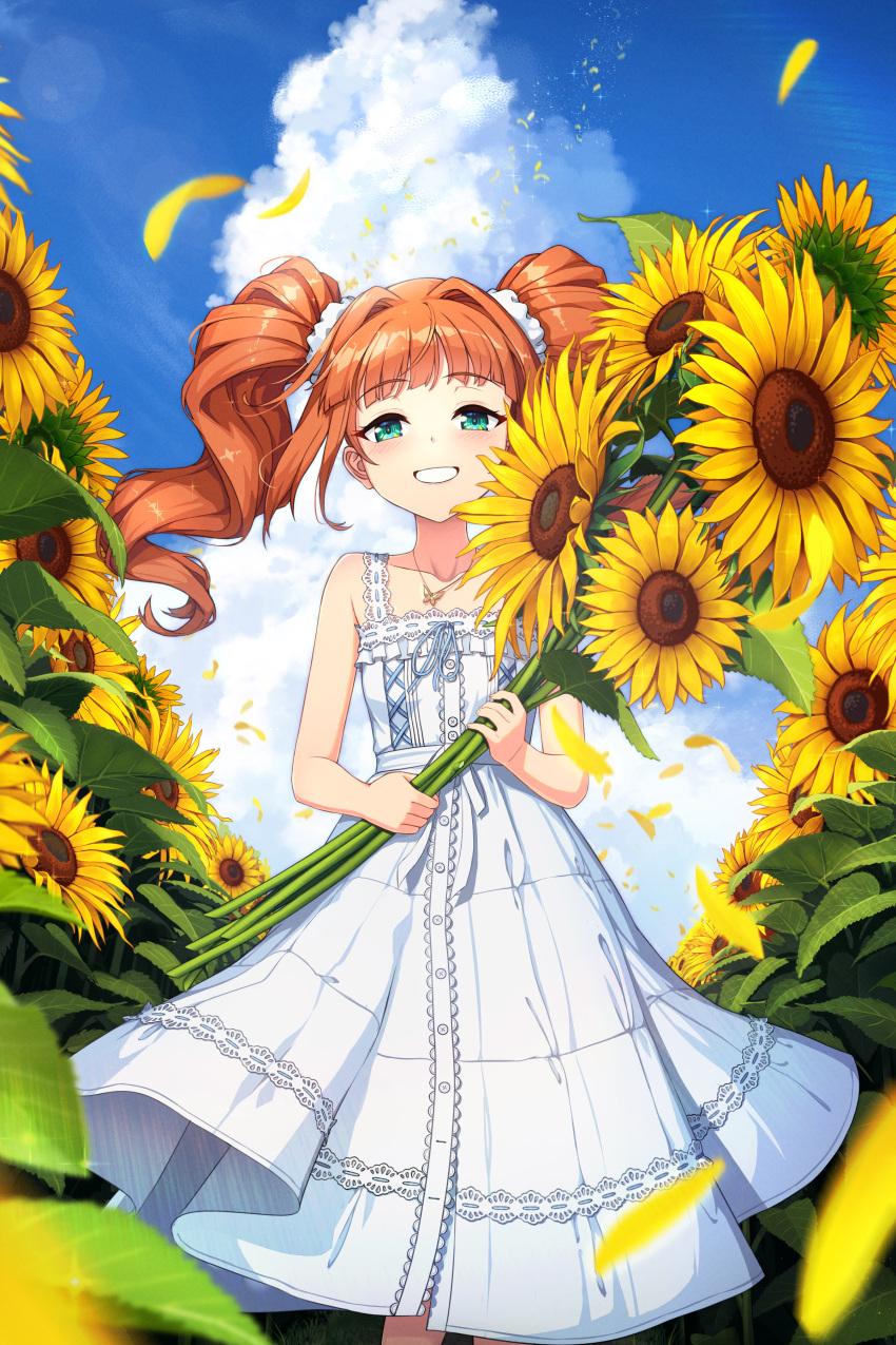 1girl :d absurdres bare_arms blue_sky blunt_bangs blurry butterfly_necklace clouds collarbone commentary cowboy_shot day depth_of_field dress drill_hair eyelashes falling_petals flower garden green_eyes grin hair_intakes hair_ornament hair_scrunchie half-closed_eyes highres holding holding_flower idolmaster leaf lens_flare long_hair looking_at_viewer nyan_c orange_hair outdoors petals scrunchie sky sleeveless sleeveless_dress smile solo standing straight-on sunflower takatsuki_yayoi twin_drills wavy_hair white_dress white_scrunchie
