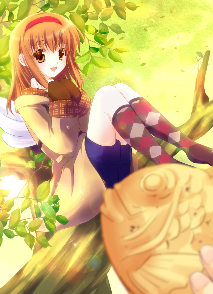 1girl 1other :d angel_wings backpack bag blue_shorts blurry branch brown_eyes brown_gloves brown_hair coat commentary_request day depth_of_field eyelashes eyes_visible_through_hair feet_out_of_frame food gloves grass hair_between_eyes hairband highres hood hood_down kanon knees_up leaf lens_flare light_blush looking_at_viewer medium_hair mittens nature no_shoes open_mouth outdoors own_hands_together red_hairband shikanan shorts sitting sitting_on_branch smile solo_focus straight_hair taiyaki tsukimiya_ayu wagashi white_wings wings yellow_coat