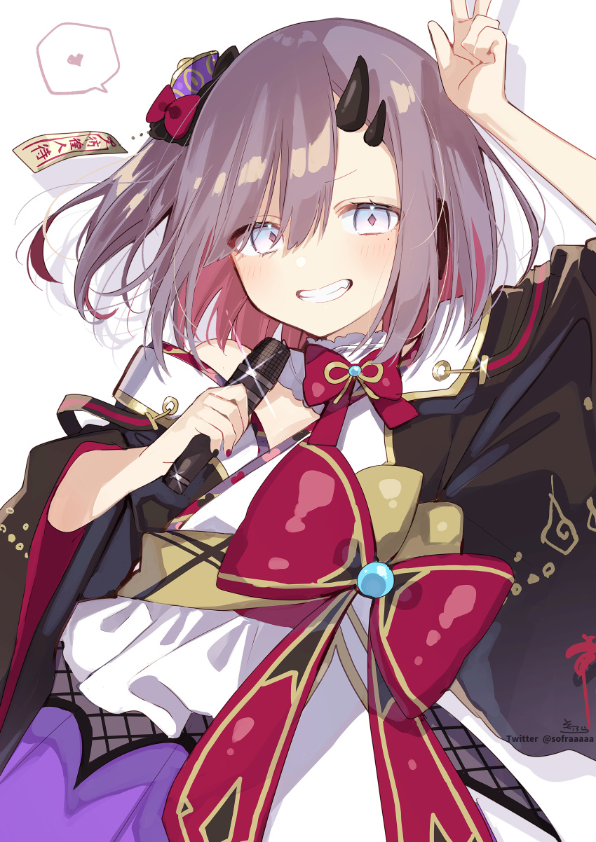 1girl absurdres arm_up blue_eyes bow brown_eyes commission drop_shadow grey_hair grin hair_between_eyes hand_up hat heart highres holding holding_microphone horns indie_virtual_youtuber long_sleeves looking_at_viewer microphone mini_hat multicolored_hair ofuda pleated_skirt purple_skirt qing_guanmao red_bow samayoi_suzu skeb_commission skirt smile sofra solo spoken_heart tilted_headwear two-tone_hair virtual_youtuber white_background wide_sleeves