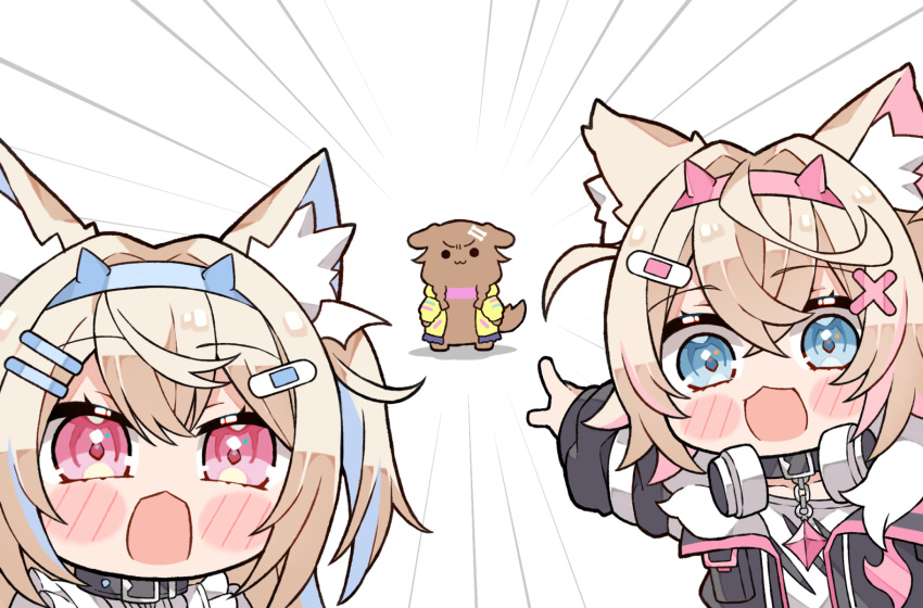 3girls :3 animal_ears animalization bandaid_hair_ornament black_collar black_jacket blonde_hair blue_eyes blue_hair blue_hairband bone_hair_ornament braid brown_hair chibi collar cropped_jacket cropped_shirt crossed_bangs dog dog_ears dog_girl dog_tail double-parted_bangs fake_horns fur-trimmed_jacket fur_trim fuwawa_abyssgard hair_between_eyes hair_intakes hair_ornament hairband hairclip headphones headphones_around_neck highres hololive hololive_english horns inugami_korone_(dog) jacket kukie-nyan light_brown_hair long_hair long_sleeves mococo_abyssgard multicolored_hair multiple_girls open_mouth pink_hair pink_hairband puffy_long_sleeves puffy_sleeves shirt short_hair smile streaked_hair tail twin_braids two_side_up virtual_youtuber white_shirt wojak x_hair_ornament yellow_jacket