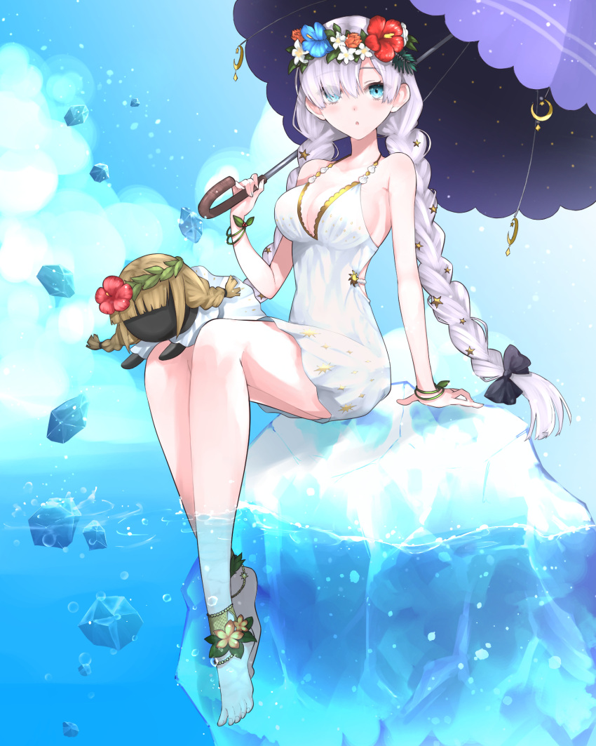1girl anastasia_(fate) anastasia_(swimsuit_archer)_(fate) bare_shoulders bikini bikini_skirt blue_eyes blush bow breasts collarbone doll dress dress_swimsuit fate/grand_order fate_(series) flower_wreath full_body hair_bow hair_over_one_eye hazuki-a head_wreath highres ice large_breasts long_hair looking_at_viewer open_mouth solo swimsuit thigh-highs thighs twin_braids twintails umbrella very_long_hair white_dress white_hair
