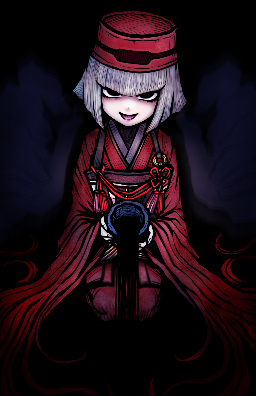 1girl absurdres black_eyes chajinbou cup fate/grand_order fate_(series) ghost_hands highres holding holding_cup japanese_clothes kimono liquid looking_at_viewer nazo_no_diaboro open_mouth pale_skin pouring red_headwear red_kimono seiza sen_no_rikyu_(fate) sen_no_rikyu_(first_ascension)_(fate) short_hair sitting smile solo white_hair