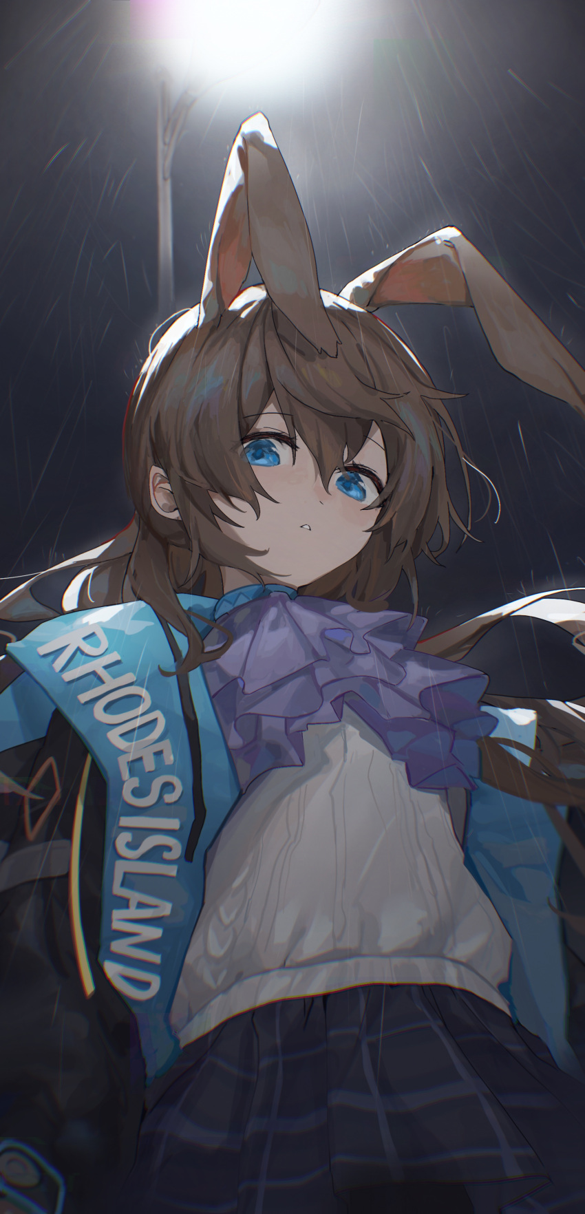 1girl :o absurdres amiya_(arknights) animal_ears arknights ascot black_jacket blue_ascot blue_eyes blue_skirt brown_hair commentary from_below hair_between_eyes highres jacket long_hair looking_at_viewer looking_down open_clothes open_jacket plaid plaid_skirt pleated_skirt rabbit_ears rain sentter shirt skirt solo upper_body white_shirt