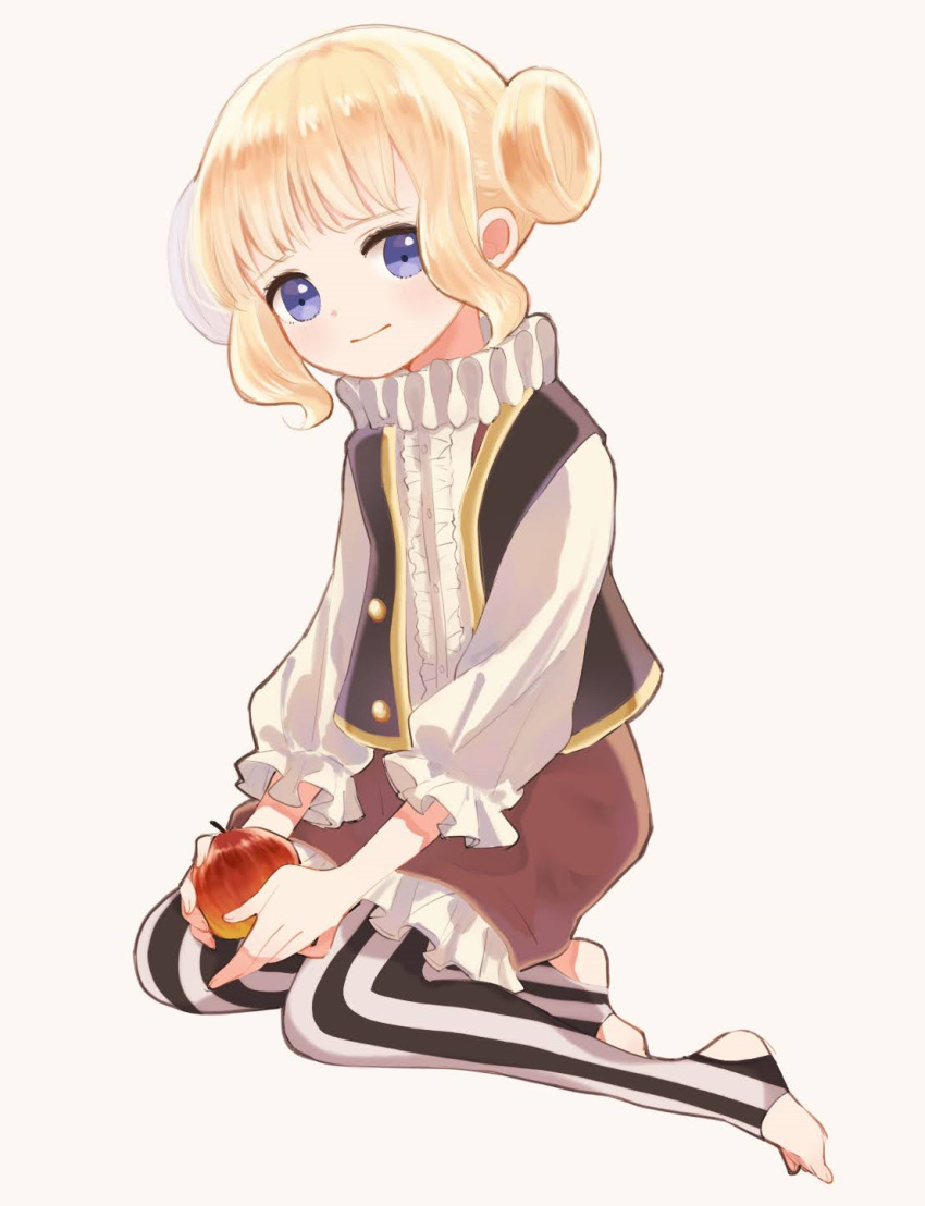 1girl apple black_vest blue_eyes center_frills double_bun emilico_(shadows_house) food frilled_shorts frilled_sleeves frills fruit full_body hair_bun highres holding holding_food holding_fruit kneeling kohori light_smile long_sleeves looking_at_viewer neck_ruff no_shoes puffy_long_sleeves puffy_sleeves red_shorts sad shadows_house shirt shorts sidelocks simple_background solo stirrup_legwear striped toeless_legwear updo vertical_stripes vest white_background white_shirt