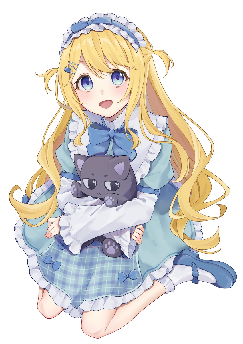 1girl absurdres blonde_hair blue_bow blue_bowtie blue_dress blue_eyes blue_footwear blush bow bowtie cat_hair_ornament commentary_request dress full_body hair_ornament hairclip highres loafers long_hair long_sleeves looking_at_viewer maid_headdress object_hug open_mouth original sano_(sanonomo) shoes simple_background sitting smile socks solo stuffed_animal stuffed_toy two_side_up upper_body wariza wavy_hair white_background white_socks