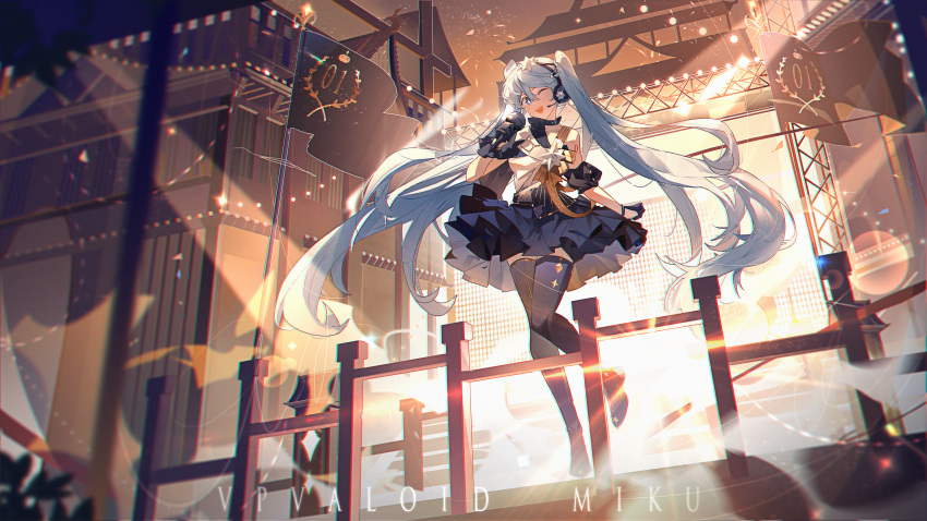 +_+ 1girl ;d absurdres black_gloves blue_eyes blue_hair blue_skirt blue_thighhighs blurry commentary depth_of_field flag full_body gloves half_gloves hand_up hatsune_miku headset highres holding holding_microphone krao lens_flare long_hair looking_at_viewer microphone one_eye_closed open_mouth outdoors pleated_skirt project_sekai skirt smile solo stage standing standing_on_one_leg thigh-highs very_long_hair vocaloid zettai_ryouiki