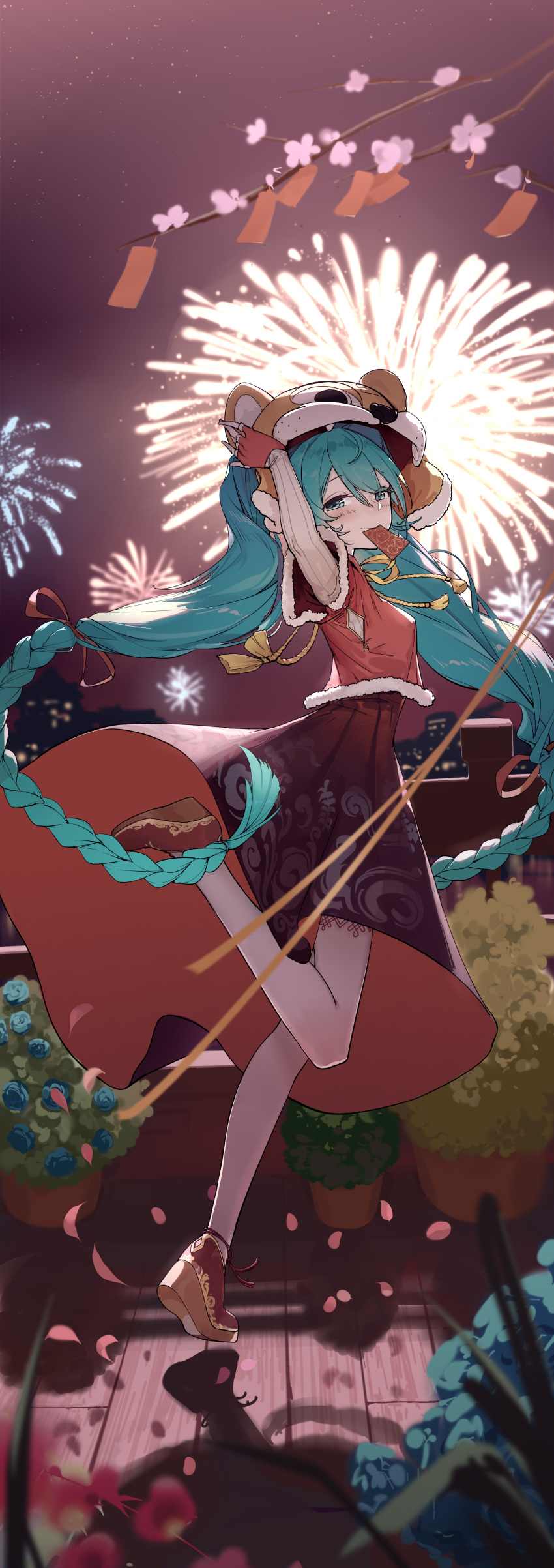 1girl absurdres aerial_fireworks aqua_eyes aqua_hair arm_up blurry braid chinese_new_year closed_mouth commentary_request depth_of_field dress fingerless_gloves fireworks full_body gloves hatsune_miku highres long_sleeves looking_at_viewer looking_back ly.t mouth_hold neck_ribbon night outdoors red_dress red_footwear red_gloves ribbon shoes smile solo standing standing_on_one_leg twin_braids twintails vocaloid yellow_ribbon