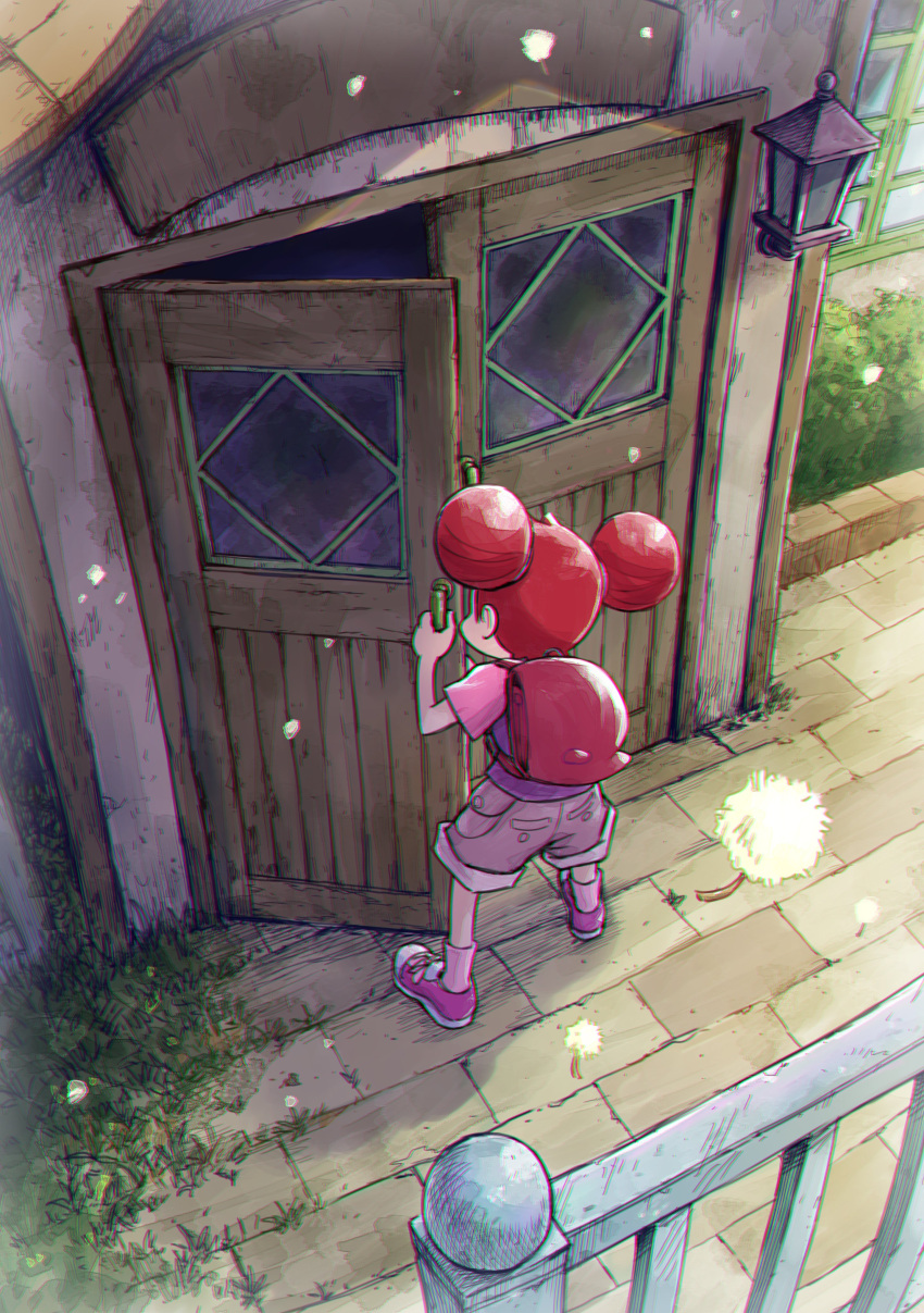 1girl absurdres backpack bag commentary door doorknob facing_away from_above from_behind full_body grass grey_shorts harukaze_doremi highres itou_shin'ichi lamp ojamajo_doremi open_door outdoors pavement peeking pink_bag pink_footwear pink_hair shirt shoes short_hair short_sleeves shorts sneakers socks solo standing t-shirt