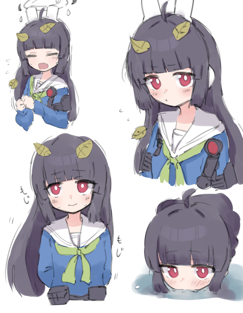 1girl absurdres ahoge animal_ears black_hair blue_archive blue_serafuku blunt_bangs blush bright_pupils closed_eyes closed_mouth commentary_request fake_animal_ears highres leaf leaf_on_head long_hair looking_at_viewer miyu_(blue_archive) multiple_persona partial_commentary pout rabbit_ears red_eyes sailor_collar school_uniform serafuku simple_background solo upper_body walter_(diereinewelt) white_background white_pupils white_sailor_collar