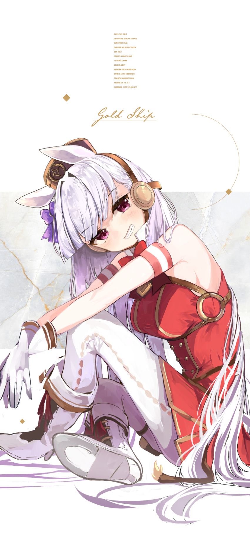 1girl absurdres animal_ears armband arms_on_knees bare_shoulders boots bow bowtie character_name cursive dress ear_bow english_text from_side gloves gold_ship_(umamusume) grey_hair grin harunohotaru highres horse_ears horse_girl horse_tail indian_style leaning_forward long_hair looking_at_viewer pantyhose pillbox_hat purple_bow red_bow red_bowtie red_dress short_dress sitting smile solo tail umamusume very_long_hair violet_eyes white_footwear white_gloves white_pantyhose