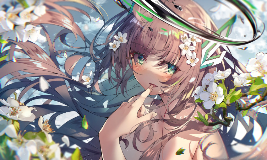 1girl angel blurry blush brown_hair dark_halo depth_of_field floating_hair flower green_eyes hair_ornament half-closed_eyes halo heaven's_melody highres licking licking_finger looking_at_viewer official_art official_wallpaper original petals sky tongue