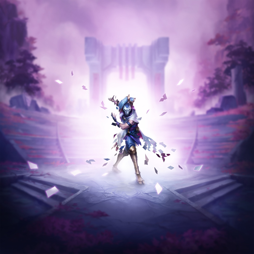 1boy absurdres armored_boots black_gloves black_pants black_robe boots bowing clouds cloudy_sky fading falling_petals fingerless_gloves full_body gauntlets gloves glowing gun highres jhin knee_boots league_of_legends legends_of_runeterra light looking_at_viewer male_focus mask mechanical_arms mountain official_art outdoors outstretched_arm pants paper path petals purple_clouds robe rock ruins shirt single_gauntlet single_mechanical_arm sky sleeveless sleeveless_shirt solo stairs standing stone_stairs tree weapon white_mask