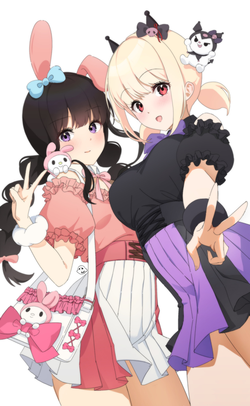 2girls alternate_costume animal_ears bag bag_charm bare_shoulders black_dress black_hair blonde_hair blunt_bangs blush bow braid braided_ponytail breasts charm_(object) chinese_zodiac cross-laced_clothes double-parted_bangs dress hair_bow hair_ornament handbag highres hyeyoon_0205 inoue_takina large_breasts looking_at_viewer looking_down lycoris_recoil multiple_girls nishikigi_chisato nose open_mouth pale_skin pleated_dress puffy_short_sleeves puffy_sleeves rabbit_ears rabbit_hair_ornament red_eyes ribbon scrunchie short_hair short_sleeves short_twintails simple_background skull_hair_ornament twin_braids twintails v violet_eyes white_background wrist_scrunchie year_of_the_rabbit