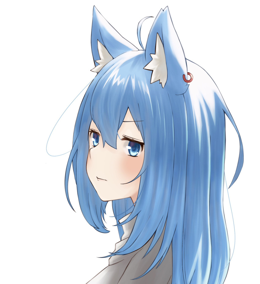 1girl ahoge animal_ear_fluff animal_ears blue_eyes blue_hair blush cat_ears closed_mouth commentary_request earrings expressionless hair_between_eyes highres jewelry long_hair looking_afar lovermoonlight medium_bangs nanashi_inc. portrait simple_background single_earring solo souya_ichika virtual_youtuber white_background