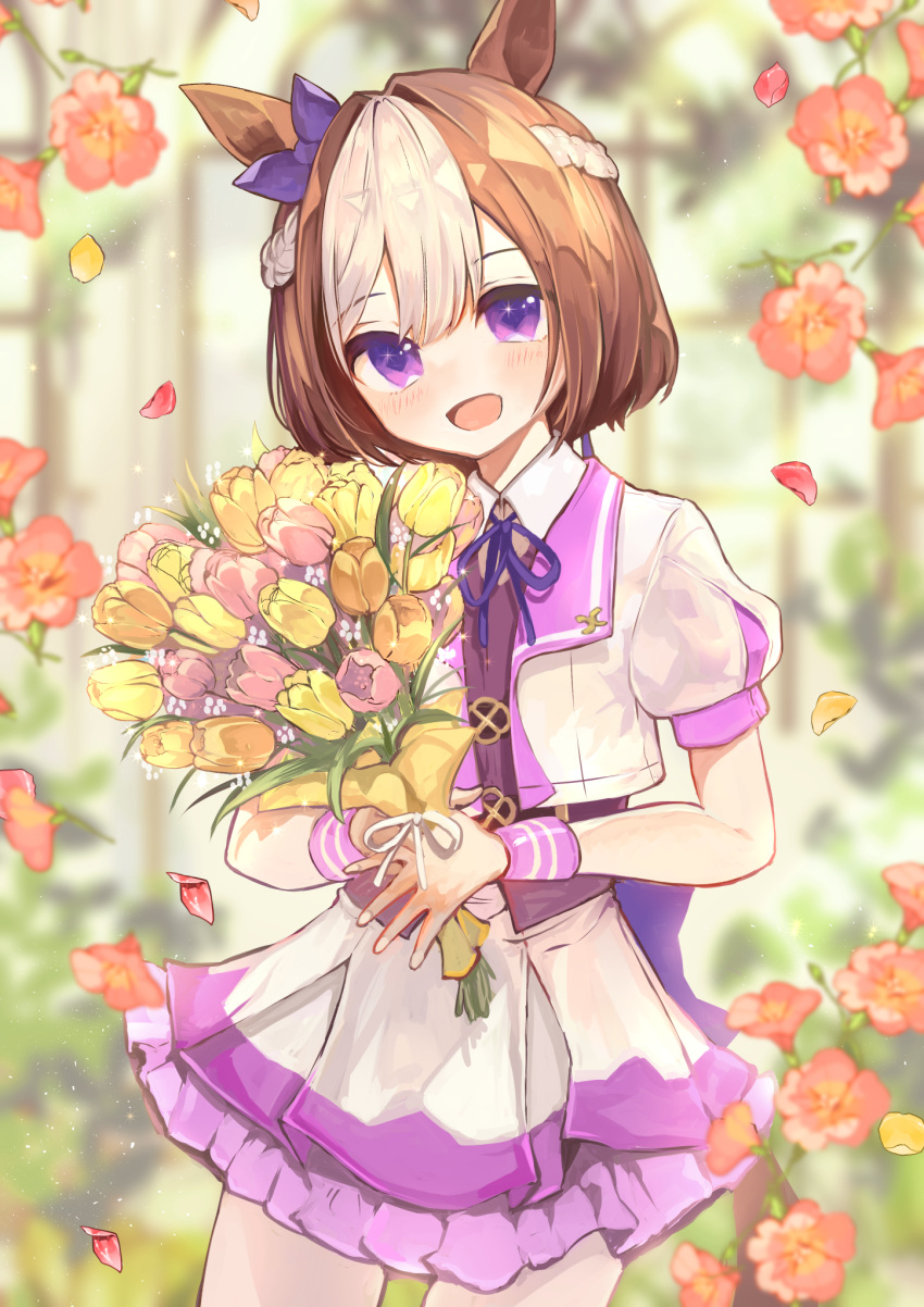 1girl animal_ears back_bow black_vest blurry blurry_background bob_cut bouquet bow braid brown_hair collared_shirt commentary cowboy_shot cropped_jacket cropped_legs crown_braid ear_bow ear_ribbon falling_petals flower forest french_braid frilled_skirt frills hair_between_eyes harunohotaru highres holding holding_bouquet horse_ears horse_girl horse_tail jacket light_blush looking_at_viewer miniskirt multicolored_hair nature neck_ribbon open_mouth outdoors petals petticoat pleated_skirt puffy_short_sleeves puffy_sleeves purple_bow purple_ribbon purple_skirt purple_vest ribbon shirt short_hair short_sleeves skirt smile solo special_week_(umamusume) standing streaked_hair tail thigh-highs tulip two-tone_hair two-tone_shirt two-tone_skirt umamusume vest violet_eyes white_background white_hair white_jacket white_shirt white_skirt wrist_cuffs wristband
