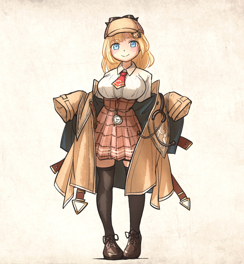 1girl ascot black_thighhighs blonde_hair blue_eyes blush breasts brown_footwear brown_skirt commentary deerstalker dress_shirt english_commentary facing_viewer full_body hair_ornament hat high-waist_skirt highres hololive hololive_english holomyth ironlily large_breasts loafers long_coat looking_at_viewer medium_hair monocle_hair_ornament narrow_waist off_shoulder over-kneehighs pigeon-toed plaid plaid_skirt pleated_skirt pocket_watch red_ascot shirt shoes simple_background skirt sleeves_past_wrists smile solo standing stethoscope thigh-highs watch watson_amelia zettai_ryouiki