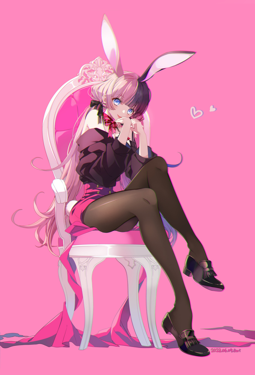 1girl animal_ears artist_name bare_shoulders black_bow black_footwear black_hair black_sweater black_thighhighs blue_eyes blunt_bangs bow bowtie chair dated fake_animal_ears flipped_hair hair_bow heart heart_print high-waist_skirt highres iris_black_games loafers long_hair looking_at_viewer off-shoulder_sweater off_shoulder pink_background pink_bow pink_bowtie pink_hair pink_ribbon pink_skirt rabbit_ears ribbon seri_sketch shoes sidelocks simple_background sitting skirt solo sweater tachibana_hinano_(vtuber) thigh-highs tongue tongue_out twintails virtual_youtuber vspo!
