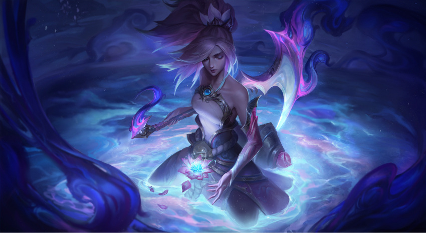 1girl a_guo afloat akali alternate_costume asymmetrical_hair bare_shoulders breasts closed_eyes closed_mouth eyelashes eyeshadow falling_petals floating_hair flower glowing glowing_flower glowing_hair glowing_weapon high_ponytail highres holding holding_scythe holding_weapon kama_(weapon) league_of_legends lotus lotus_leaf makeup medium_breasts ninja petals pink_flower pink_hair pink_lips ponytail scythe sickle sidelocks sitting solo spirit_blossom_(league_of_legends) water weapon