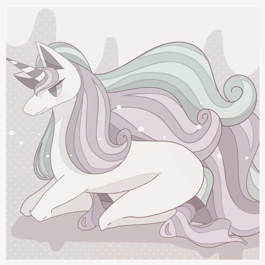 absurdly_long_hair animal_focus black_eyes blue_hair blue_sclera border closed_mouth colored_sclera commentary_request from_side galarian_rapidash grey_background grey_border half-closed_eyes highres long_hair looking_to_the_side multicolored_hair muted_color no_humans partial_commentary pokemon pokemon_(creature) polka_dot polka_dot_background profile purple_hair solo tamako_(pixiv_71110817) two-tone_hair unicorn very_long_hair