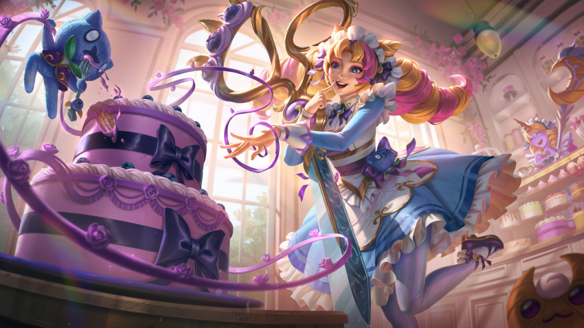 2girls :d absurdres blonde_hair bow bowtie breasts cafe_cuties_(league_of_legends) cafe_cuties_gwen cafe_cuties_soraka cake cone_hair_bun croissant deiv_calviz dress drill_hair flower food frilled_dress frills gwen_(league_of_legends) hair_bow hair_bun hand_up highres holding holding_scissors holding_staff indoors league_of_legends long_hair long_sleeves maid maid_headdress multicolored_hair multiple_girls official_art open_mouth pantyhose parted_bangs pink_flower pink_hair pink_rose rose scissors shoes smile solo_focus soraka_(league_of_legends) staff stuffed_animal stuffed_cat stuffed_toy table teeth twin_drills twintails two-tone_hair upper_teeth_only white_pantyhose window