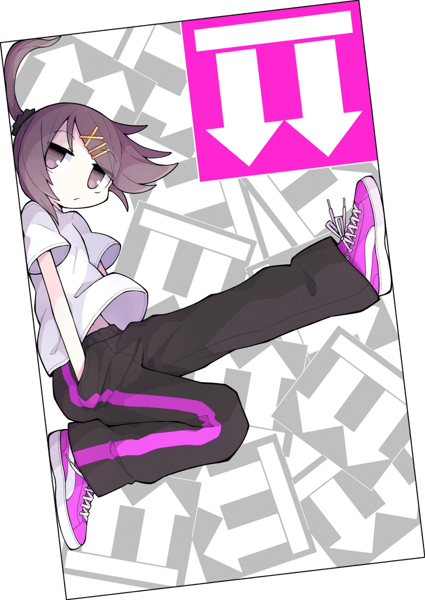 1girl absurdres asameshi brown_eyes brown_hair character_request closed_mouth copyright_request hands_in_pockets highres looking_at_viewer multiple_hairpins pants ponytail purple_footwear shirt shoes short_sleeves sneakers solo t-shirt white_shirt