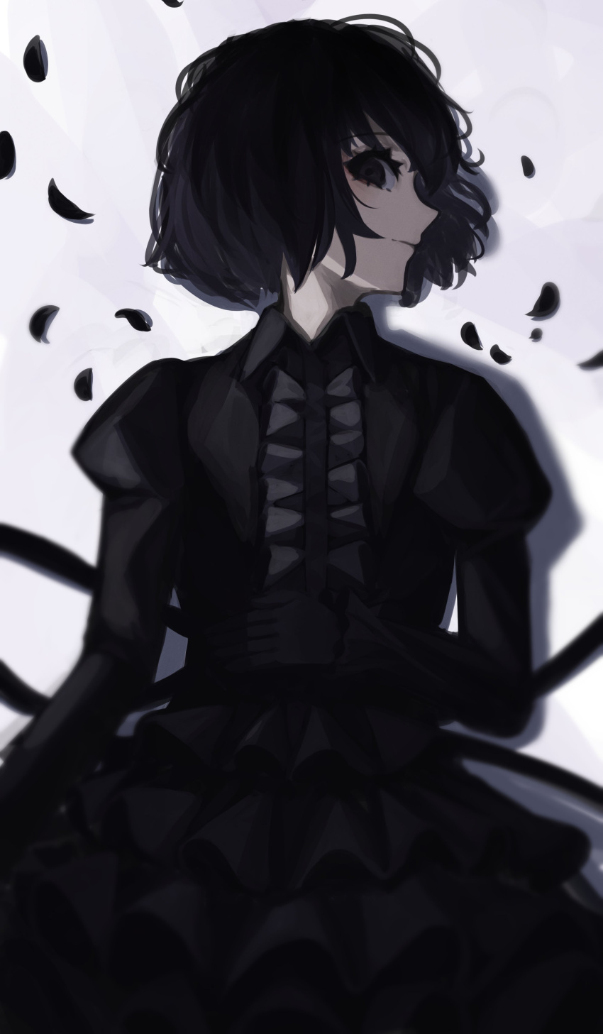 1girl absurdres black_dress black_eyes black_gloves black_hair black_theme bob_cut closed_mouth cowboy_shot dress empty_eyes expressionless facing_to_the_side falling_petals gloves gothic_lolita hand_on_own_stomach highres juliet_sleeves layered_dress limited_palette lolita_fashion long_dress long_sleeves looking_at_viewer lying monogatari_(series) on_back oshino_ougi pale_skin petals profile puffy_sleeves shadow short_hair simple_background solo white_background yamada_maya_(yamdmay)