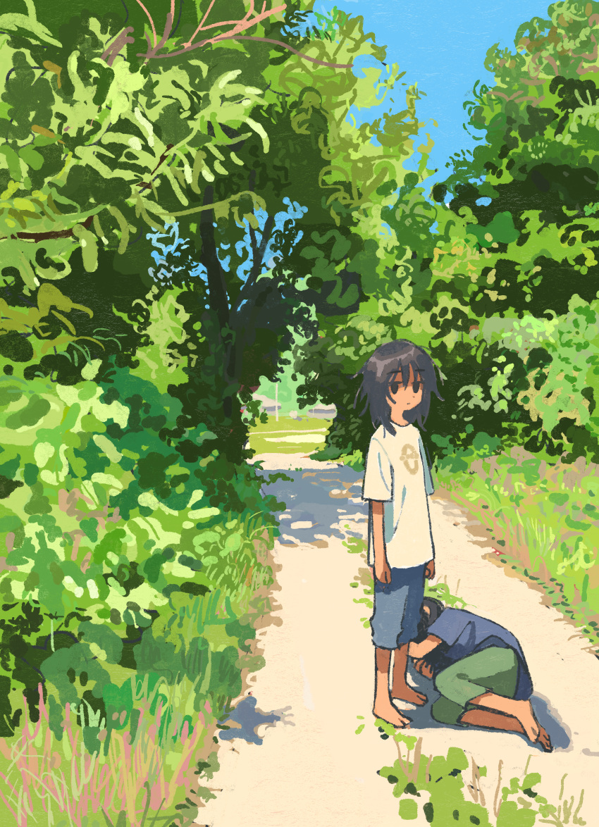 1girl 1other absurdres ambiguous_gender barefoot black_eyes blue_shirt blue_shorts blue_sky closed_mouth commentary_request day expressionless foliage grass green_pants highres jitome long_hair looking_at_viewer lying messy_hair muji_(uimss) no_sclera on_ground on_side original outdoors pants path print_shirt scenery shade shirt short_sleeves shorts sky standing t-shirt tree white_shirt wide_shot