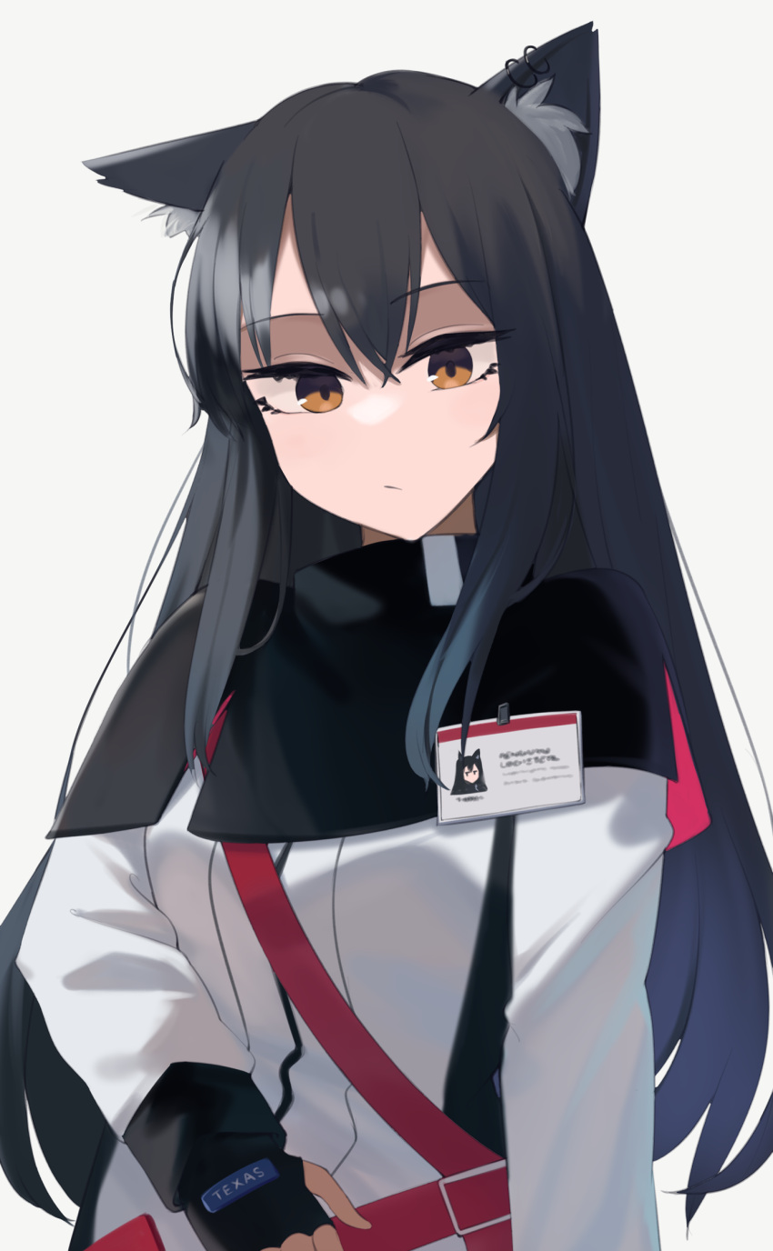 1girl animal_ear_fluff animal_ears arknights belt black_capelet black_gloves black_hair brown_eyes capelet closed_mouth expressionless fingerless_gloves gloves highres hinami047 id_card jacket long_hair long_sleeves looking_at_viewer simple_background solo texas_(arknights) upper_body very_long_hair white_background white_jacket wolf_ears