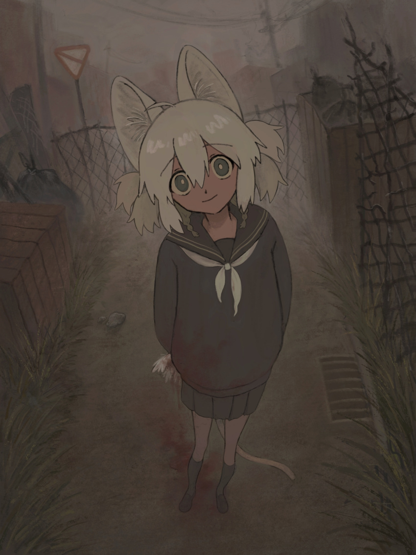 1girl absurdres ahoge animal_ear_fluff animal_ears arms_behind_back blood blood_on_clothes blood_stain cat_ears cat_girl cat_tail chain-link_fence closed_mouth dead_animal fence from_above full_body grate hair_between_eyes head_tilt highres kneehighs loaf looking_at_viewer mouse neckerchief original outdoors pleated_skirt sailor_collar school_uniform serafuku sewer_grate shenghuotui_xingxing skirt socks solo standing tail white_hair white_neckerchief yandere