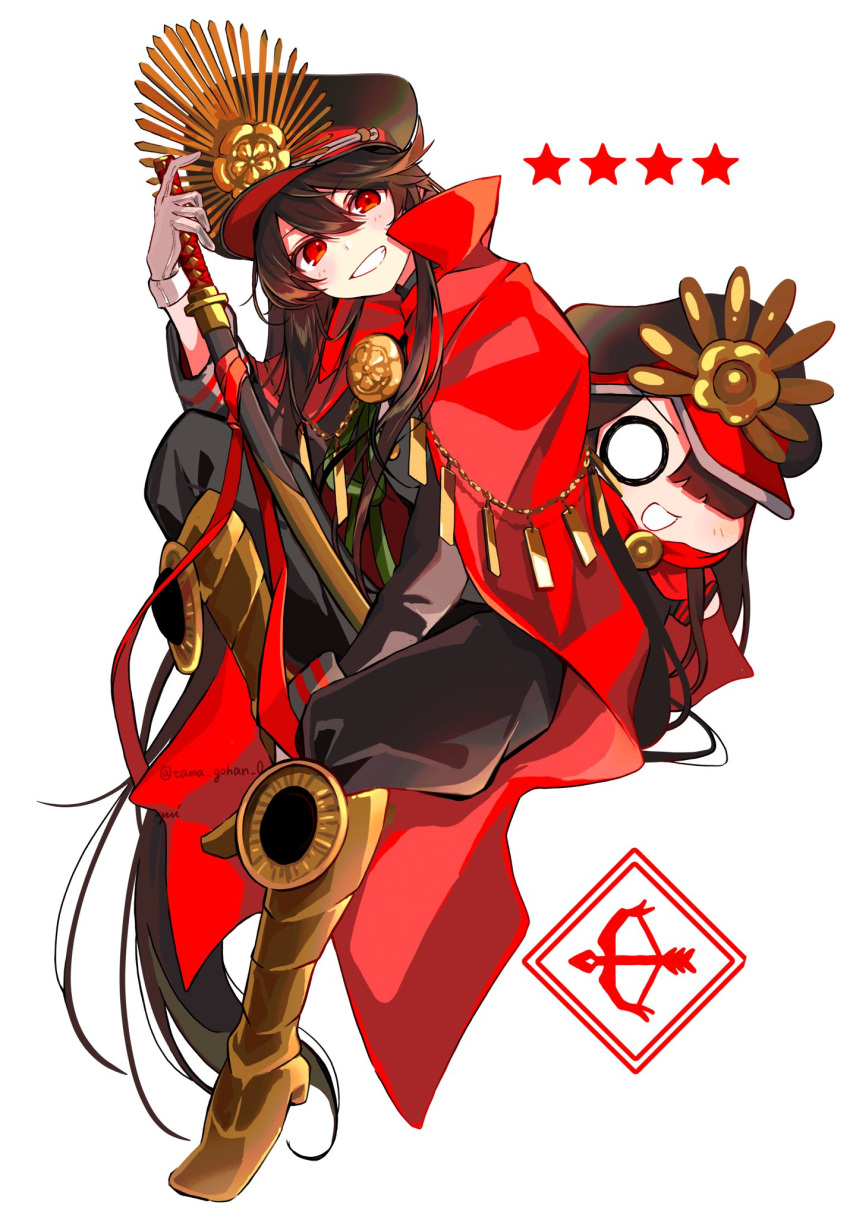 1girl cape family_crest fate/grand_order fate_(series) gloves hair_between_eyes hat hi_(wshw5728) highres katana medallion military_hat military_uniform oda_nobunaga_(fate) oda_uri peaked_cap red_cape simple_background smile sword uniform weapon white_gloves