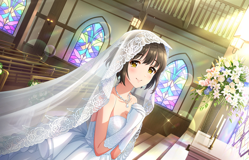 black_hair blush dress idolmaster_cinderella_girls_starlight_stage short_hair smile takafuji_kako yellow_eyes