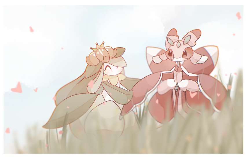 2girls ^_^ antennae arthropod_girl black_eyes blue_sky blurry blurry_foreground blush border closed_eyes clouds colored_sclera colored_skin commentary day depth_of_field facing_another flat_chest furry furry_female grass green_hair green_skin highres holding_hands lilligant long_hair looking_at_another lurantis monster_girl multicolored_skin multiple_girls no_mouth outdoors pink_skin plant_girl pokemon pokemon_(creature) red_sclera red_skin sidelocks sky standing striped_skin swept_bangs tamako_(pixiv_71110817) very_long_hair white_border white_skin