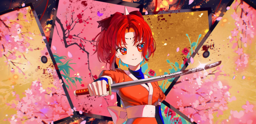 1girl arima_kana blood blood_on_weapon bob_cut cherry_blossoms closed_mouth highres holding holding_sword holding_weapon horns inverted_bob looking_at_viewer ninja oshi_no_ko red_eyes redhead short_hair smile solo sword weapon xiang_yu_pai