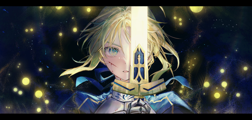 1girl absurdres ahoge artoria_pendragon_(fate) blonde_hair blood cuts excalibur_(fate/stay_night) fate/stay_night fate_(series) gauntlets green_eyes highres holding holding_sword holding_weapon injury light nigiri saber sword weapon