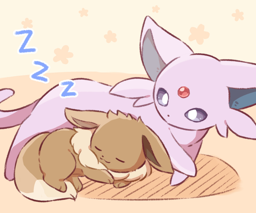 :3 animal_focus closed_eyes closed_mouth colored_sclera commentary_request eevee espeon forehead_jewel full_body gem highres looking_at_another lying neck_fur neko_gyoza no_humans on_side orange_background partial_commentary pokemon pokemon_(creature) purple_sclera red_gemstone sleeping u_u white_eyes zzz
