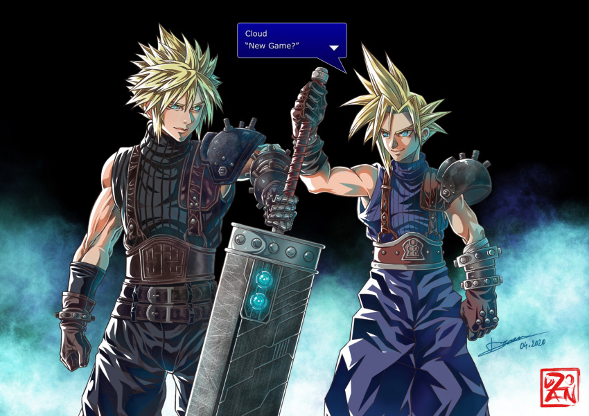 1boy armor baggy_pants belt black_pants black_shirt blonde_hair blue_eyes blue_shirt brown_belt brown_gloves buster_sword closed_mouth cloud_strife dated dual_persona dzoho english_commentary english_text final_fantasy final_fantasy_vii final_fantasy_vii_remake gloves highres holding holding_sword holding_weapon huge_weapon leather leather_gloves male_focus multiple_belts pants ribbed_shirt shirt short_sleeves shoulder_armor single_shoulder_pad speech_bubble spiky_hair studded_gloves suspenders sword weapon