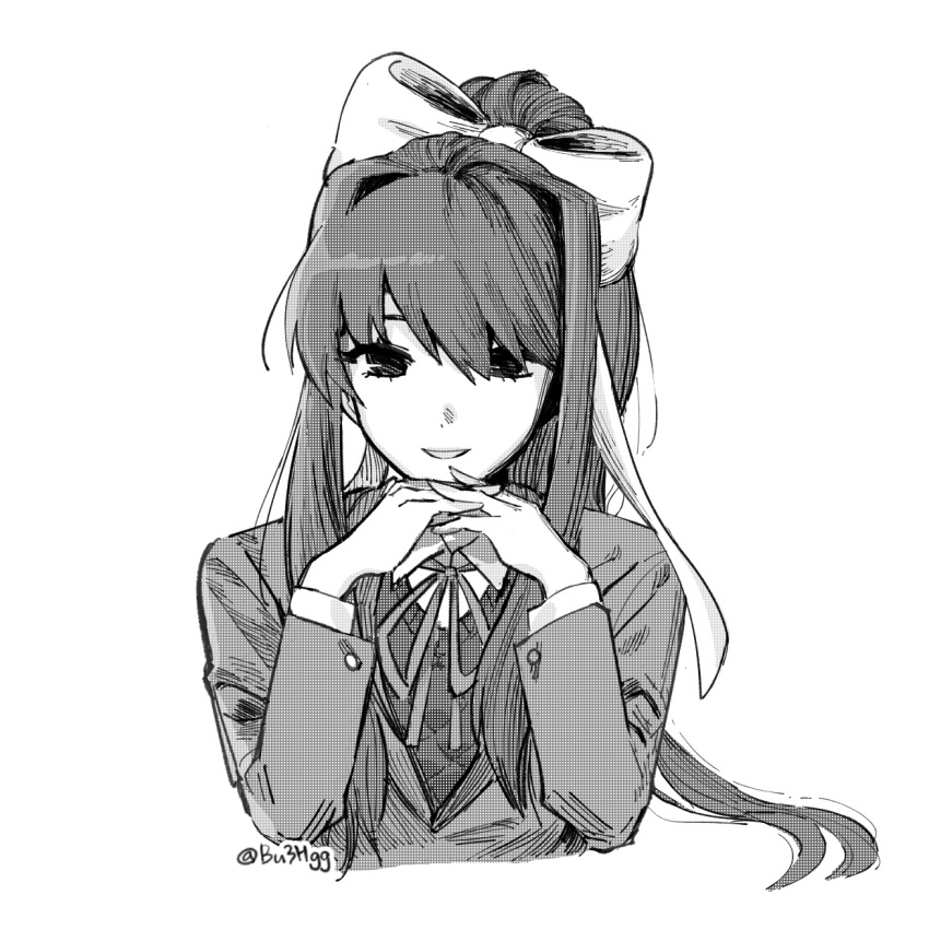 1girl bow bu3hgg collared_shirt cropped_torso doki_doki_literature_club greyscale hair_bow hands_up high_ponytail highres interlocked_fingers jacket long_hair long_sleeves looking_at_viewer monika_(doki_doki_literature_club) monochrome neck_ribbon open_mouth own_hands_clasped own_hands_together ponytail ribbon school_uniform shirt simple_background smile solo straight-on vest white_background