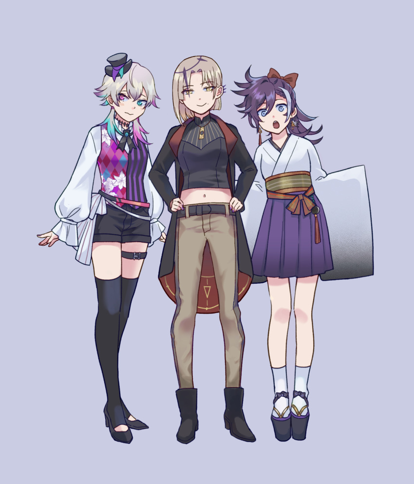 3girls banzoin_hakka belt blonde_hair blue_eyes blush boots clog_sandals dangle_earrings earrings frilled_sleeves frills full_body genderswap genderswap_(mtf) grey_background hair_between_eyes hair_ribbon hands_on_own_hips heterochromia high_heels highres holostars holostars_english holotempus japanese_clothes jewelry kimono long_hair looking_at_viewer magni_dezmond mole mole_under_mouth multicolored_hair multiple_girls nail_polish navel necklace open_mouth pants patterned_clothing ponytail purple_hair rainbox17 ribbon shirt short_hair short_kimono shorts simple_background socks standing sweater_vest thigh-highs thigh_strap white_hair white_shirt white_socks yellow_eyes