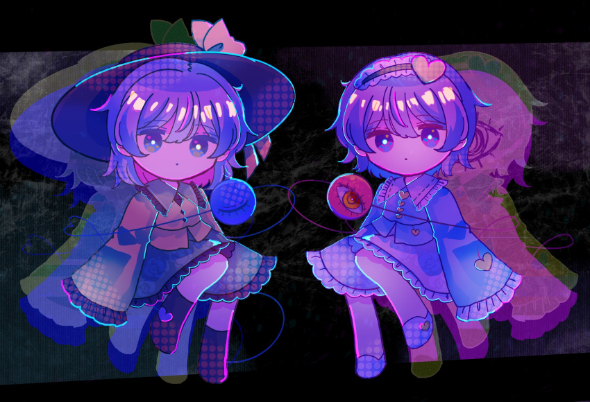 2girls black_footwear black_hairband black_headwear blouse blue_shirt boots bow bright_pupils buttons chibi commentary_request diamond_button dot_mouth floral_print frilled_hairband frilled_shirt_collar frilled_skirt frilled_sleeves frills green_eyes green_skirt hair_between_eyes hair_ornament hairband hat hat_bow heart heart_button heart_hair_ornament highres komeiji_koishi komeiji_satori long_sleeves looking_at_viewer multiple_girls partial_commentary pink_skirt red_eyes ribbon_trim rose_print shirt short_hair skirt sleeves_past_fingers sleeves_past_wrists third_eye touhou tunaneko violet_eyes white_pupils wide_sleeves yellow_bow yellow_shirt