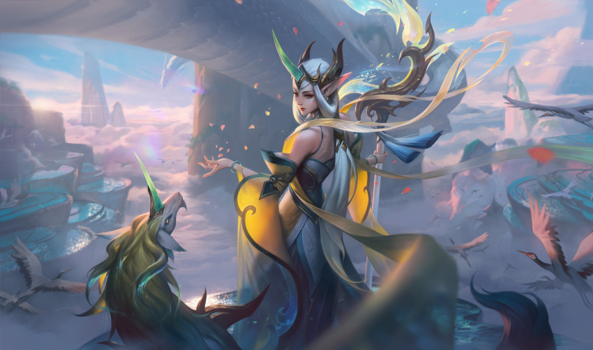 1girl absurdres alternate_costume bare_shoulders bird bracelet closed_mouth clouds colorful detached_sleeves dragon dress earrings eastern_dragon eyeshadow falling_petals fountain gold_earrings green_horns hair_ornament highres holding holding_staff horns immortal_journey_soraka jewelry league_of_legends long_hair makeup mountain nail_polish official_alternate_costume official_alternate_hairstyle official_art outdoors petals pointy_ears red_nails single_horn sky smile solo soraka_(league_of_legends) staff sunlight unicorn water white_hair wide_sleeves wind yellow_eyes